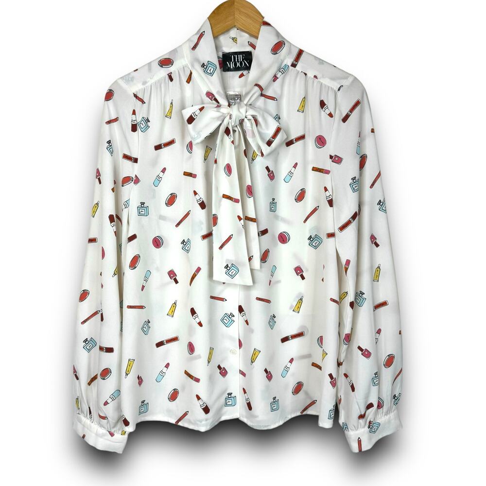NEW The Moon Collection Makeup Print Tie Neck Blouse Top White Lightweight XL